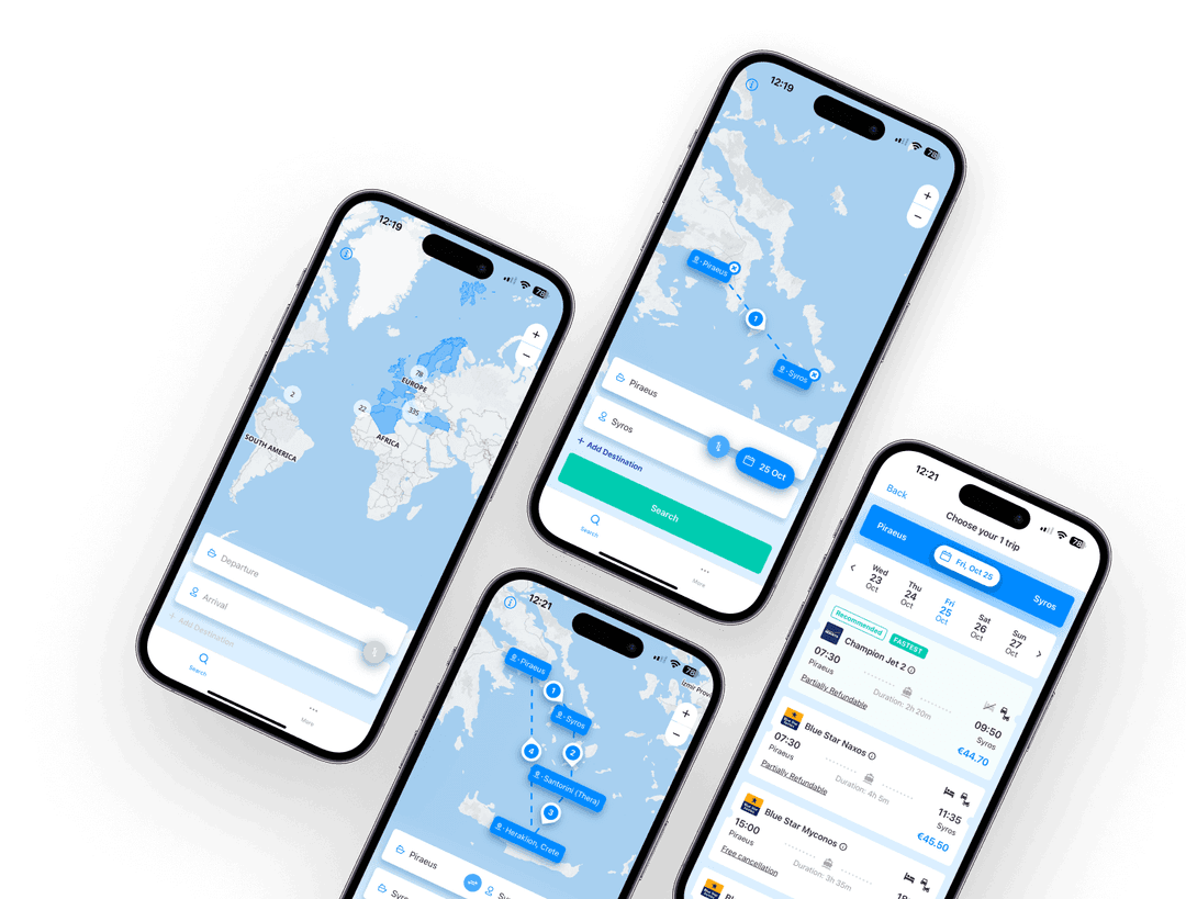 Négy okostelefon, amelyeken a Ferryscanner mobilalkalmazás felülete látható. A képernyők egy interaktív térképet, kompkeresési lehetőségeket, útvonalválasztást és foglalási részleteket mutatnak, kiemelve olyan funkciókat, mint az utazás keresése, útvonaltervezés és foglaláskezelés.