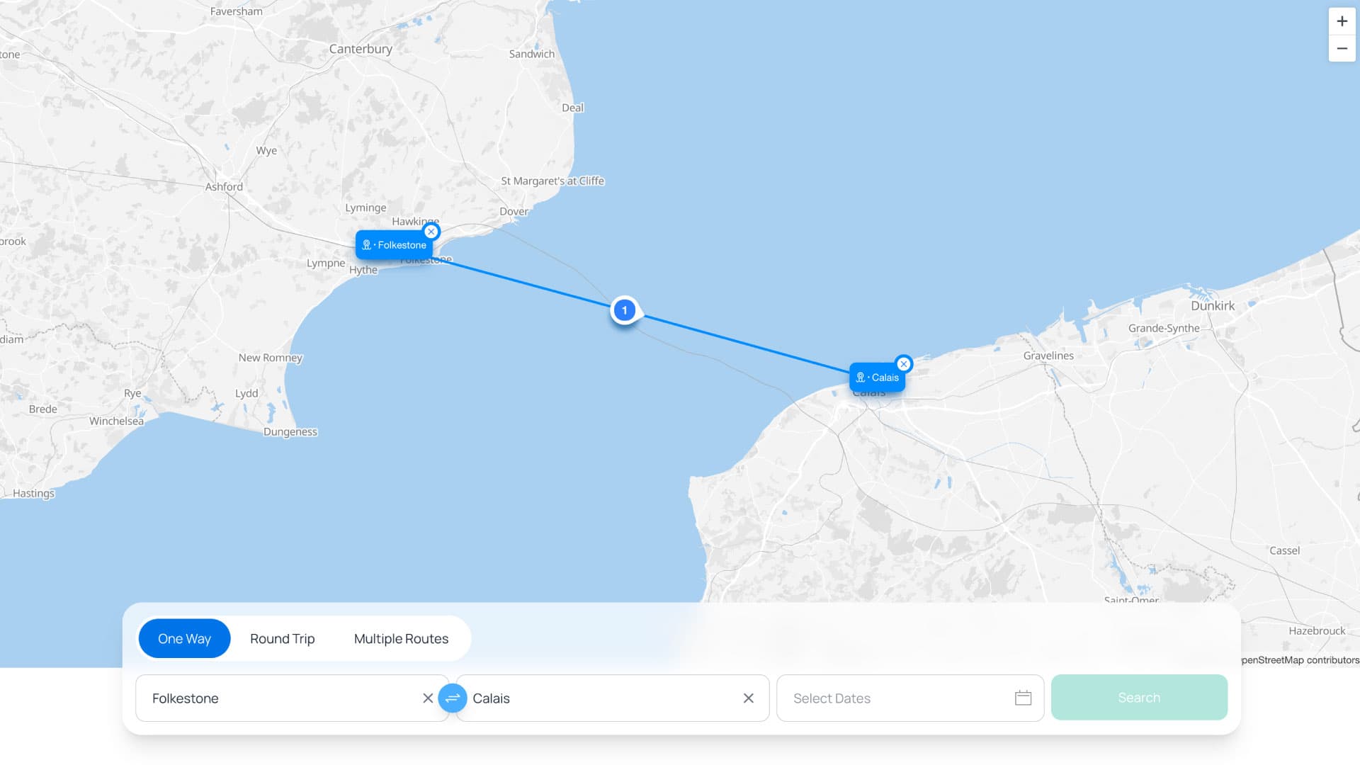 Eine Karte, die die Route zwischen Folkestone UK und Calais Frankreich zeigt