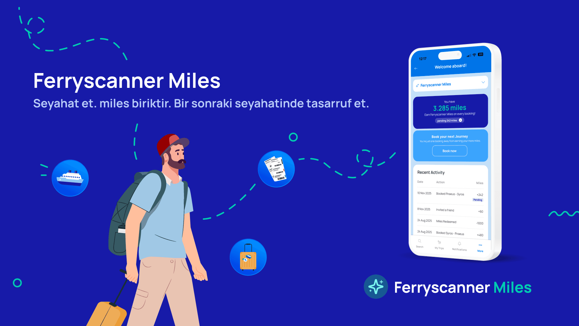 Kazanılan milleri ve seyahat ödüllerini gösteren Ferryscanner Miles mobil uygulama arayüzü