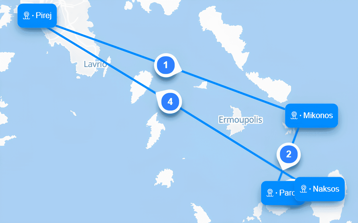 Prikaz karte koja povezuje odredišta Pirej, Paros, Mikonos i Naksos u Grčkoj na platformi Ferryscanner.