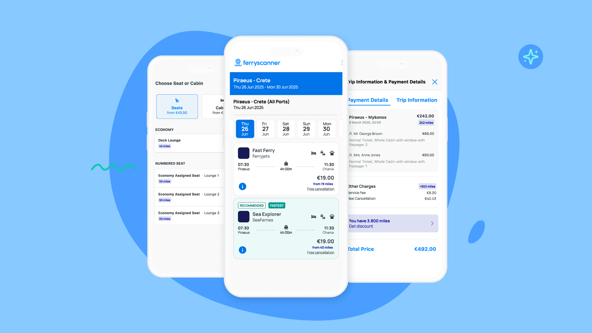 Interface de réservation de Ferryscanner présentant les différents ferries disponibles et le nombre de miles pouvant être obtenus sous forme de réduction au moment du paiement.